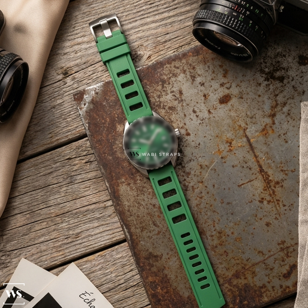 Green Perforated Rubber Watch Strap on DOXA Sub 200 Sea Emerald Green Dial on Bracelet, 42mm