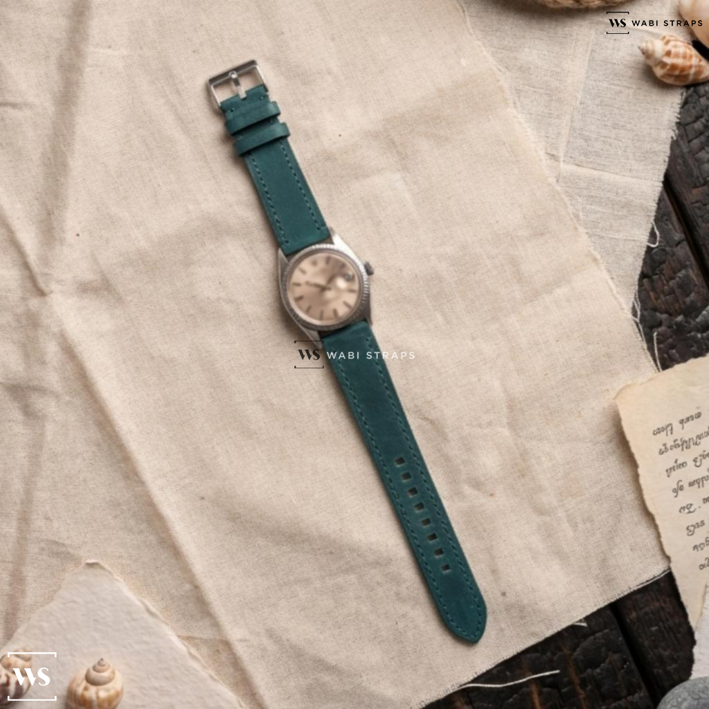 Green Matte Leather Watch Strap on Rolex Datejust 1601 Linen Dial