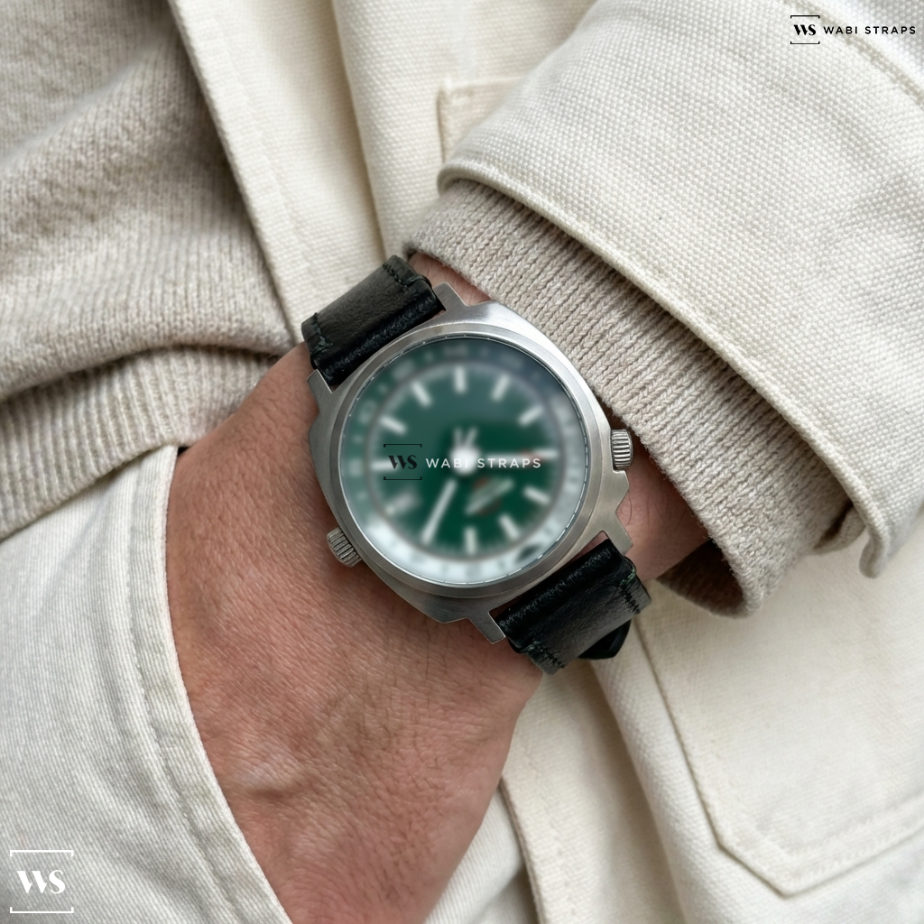 Green Matte Leather Watch Strap on Bad Form Automatic GMT Peace Hands
