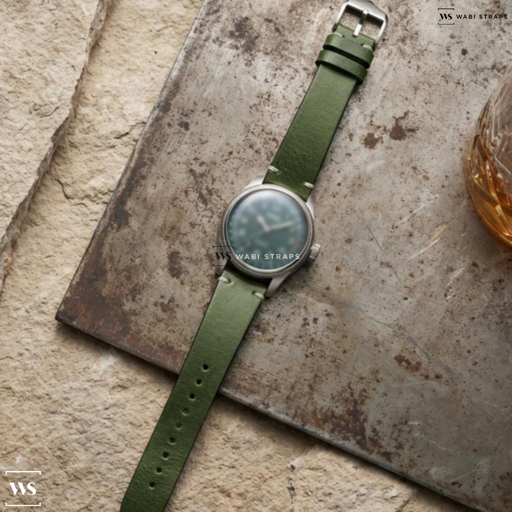 Green Waxed Leather Watch Strap on Oris Big Crown Ref. D.26 286 HB-RAG