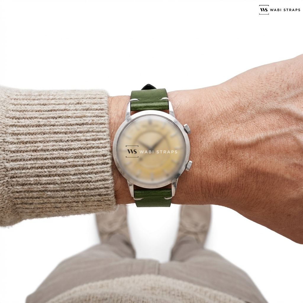 Green Waxed Leather Watch Strap on Jaeger LeCoultre Memovox