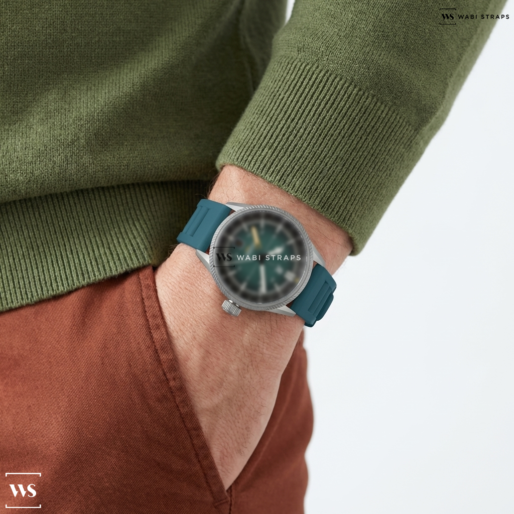 Green Vented Silicone Watch Strap on RZE Fortitude GMT - TurboTeal