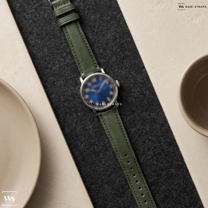 Green Aged Leather Watch Strap on H. Moser & Cie Heritage Centre Seconds Funky Blue Watch