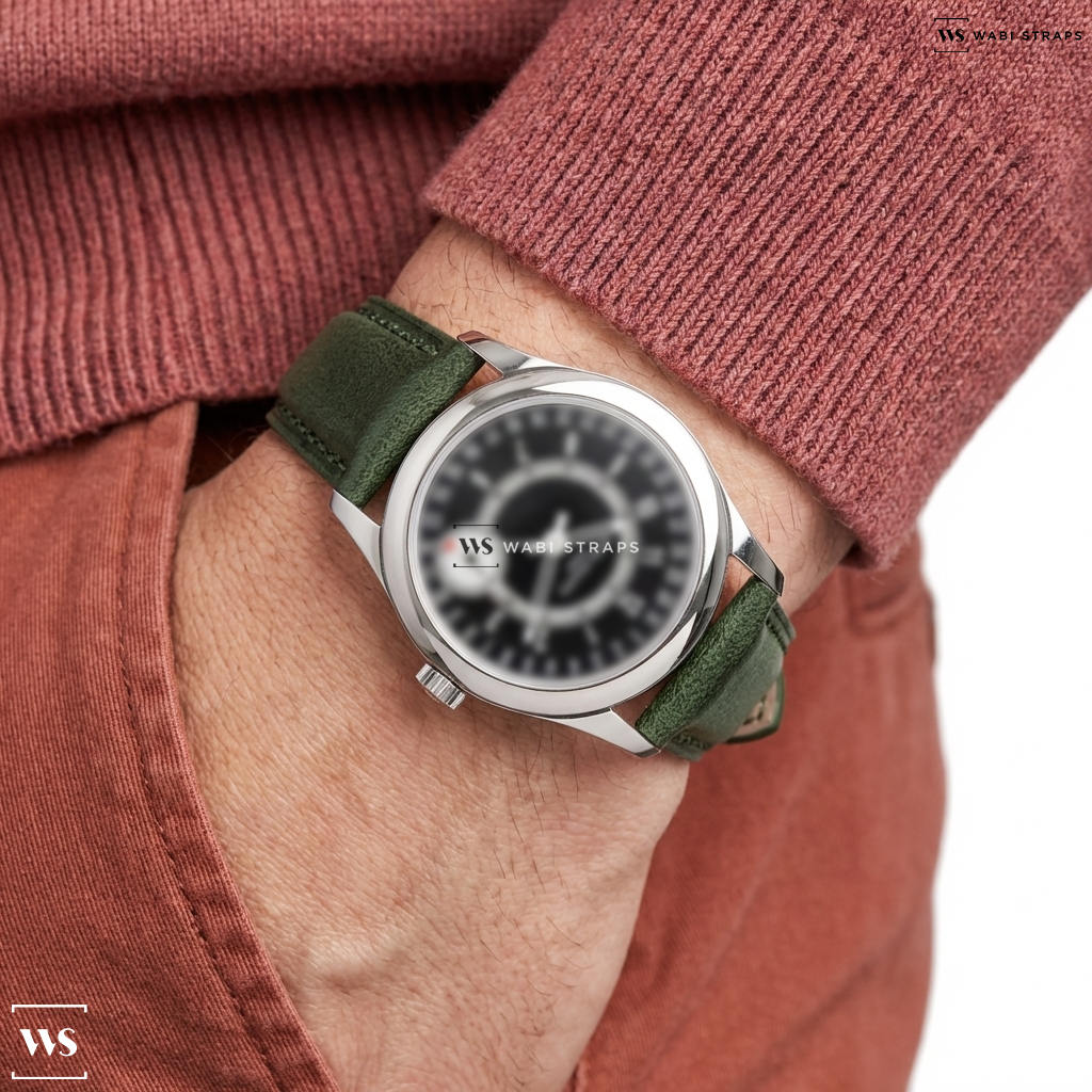 Green Aged Leather Watch Strap on Patek Philippe Calatrava 6006G Black Dial 18K White Gold
