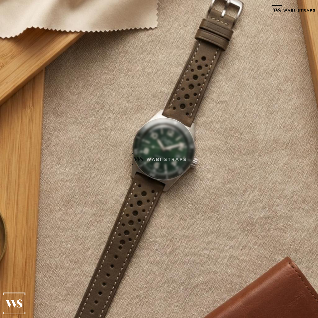 Green Perforated Leather Watch Strap on Glashutte Original SeaQ Green Dial/Green Bezel SS