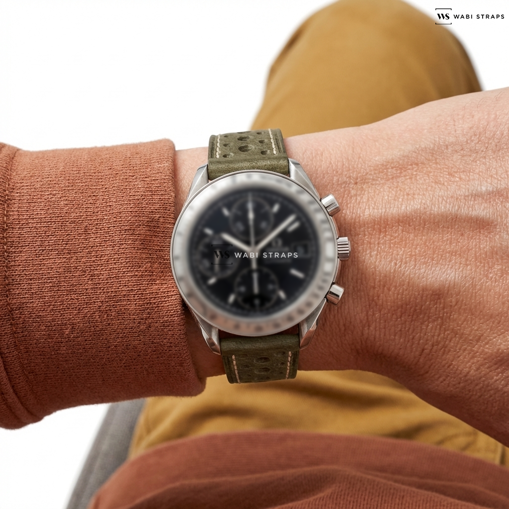 Green Perforated Leather Watch Strap on Omega Speedmaster Ref. 3513