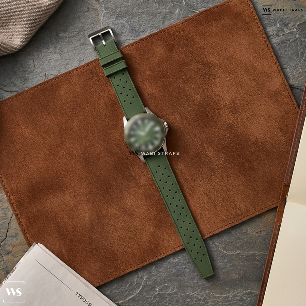Green Perforated Rubber Watch Strap on Hamilton Khaki Navy Scuba Auto