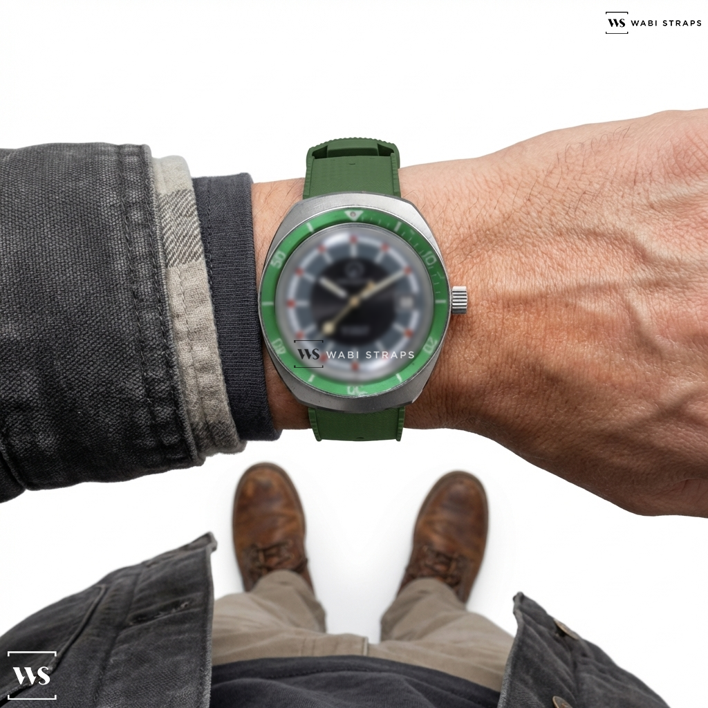 Green Perforated Rubber Watch Strap on Aquadive Aquadive Cushion Case Diver 102