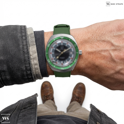 Green Perforated Rubber Watch Strap on Aquadive Aquadive Cushion Case Diver 102