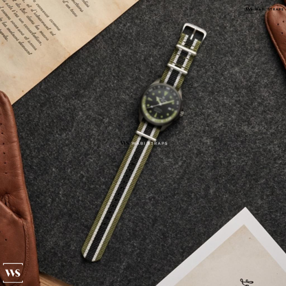 Black/Green/White 4 Thick 1 Thin Stripe Nylon Watch Strap on Certina DS Action GMT Powermatic 80 Black and Green