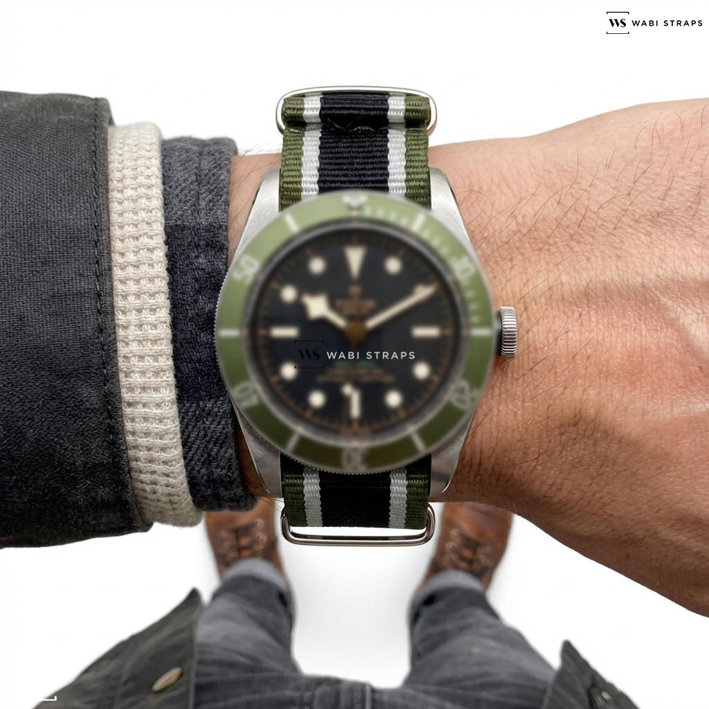 Black/Green/White 4 Thick 1 Thin Stripe Nylon Watch Strap on Tudor Black Bay Harrods Watch