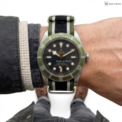 Black/Green/White 4 Thick 1 Thin Stripe Nylon Watch Strap on Tudor Black Bay Harrods Watch