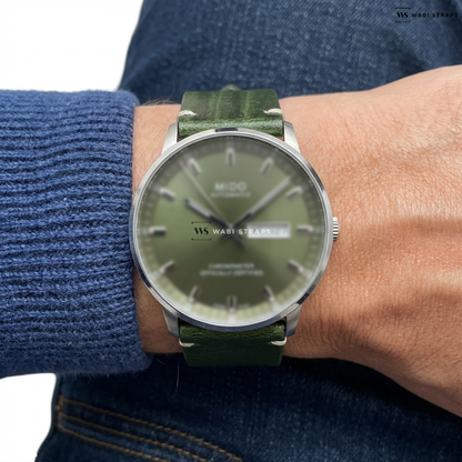 Green Wood Leather Watch Strap on Mido Commander II Automatic Green Dial Stainless Steel Men's Watch
