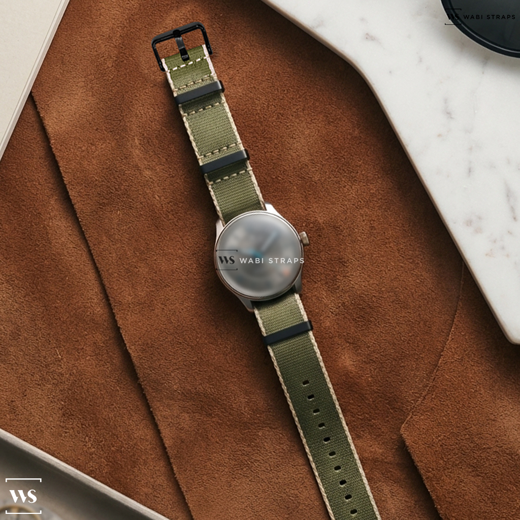 Beige/Green Trim Edge Nylon Watch Strap on Worn & Wound Farer x Worn & Wound Limited Edition