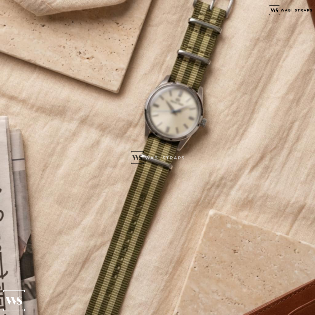 Brown/Green 5 Stripes Nylon Watch Strap on Grand Seiko Elegance SBGW231