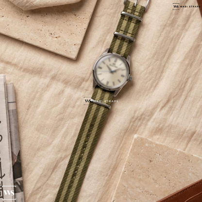 Brown/Green 5 Stripes Nylon Watch Strap on Grand Seiko Elegance SBGW231