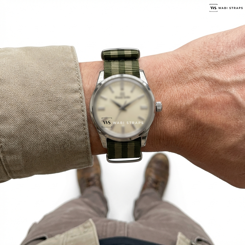 Brown/Green 5 Stripes Nylon Watch Strap on Grand Seiko Elegance SBGW231
