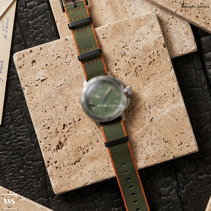 Green/Orange Trim Edge Nylon Watch Strap on Waltham Field & Marine Military