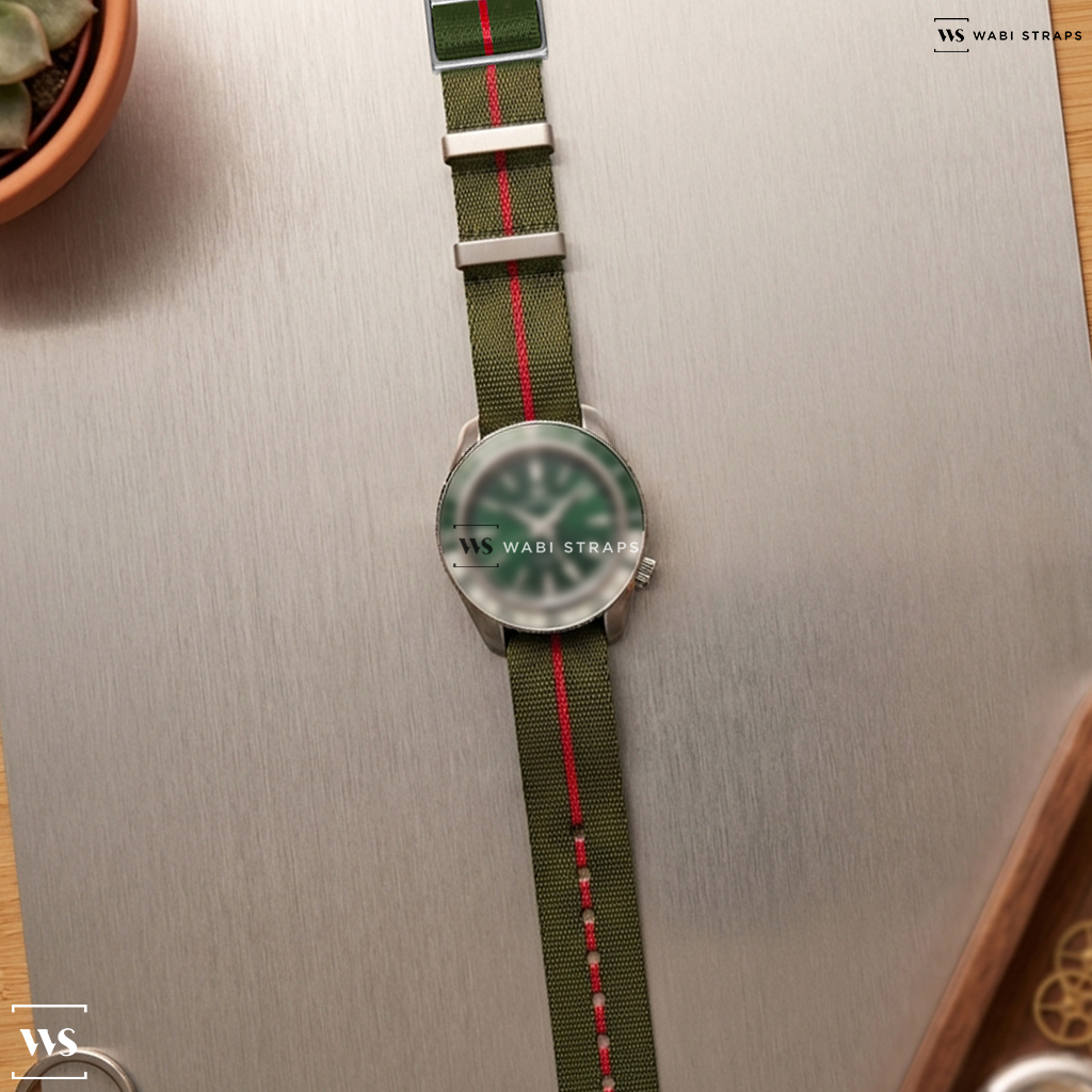 Green/Red 3-Stripe Nylon Watch Strap on Grand Seiko 'Hotaka Mountains' Spring Drive GMT 44mm Mens Watch SBGE295