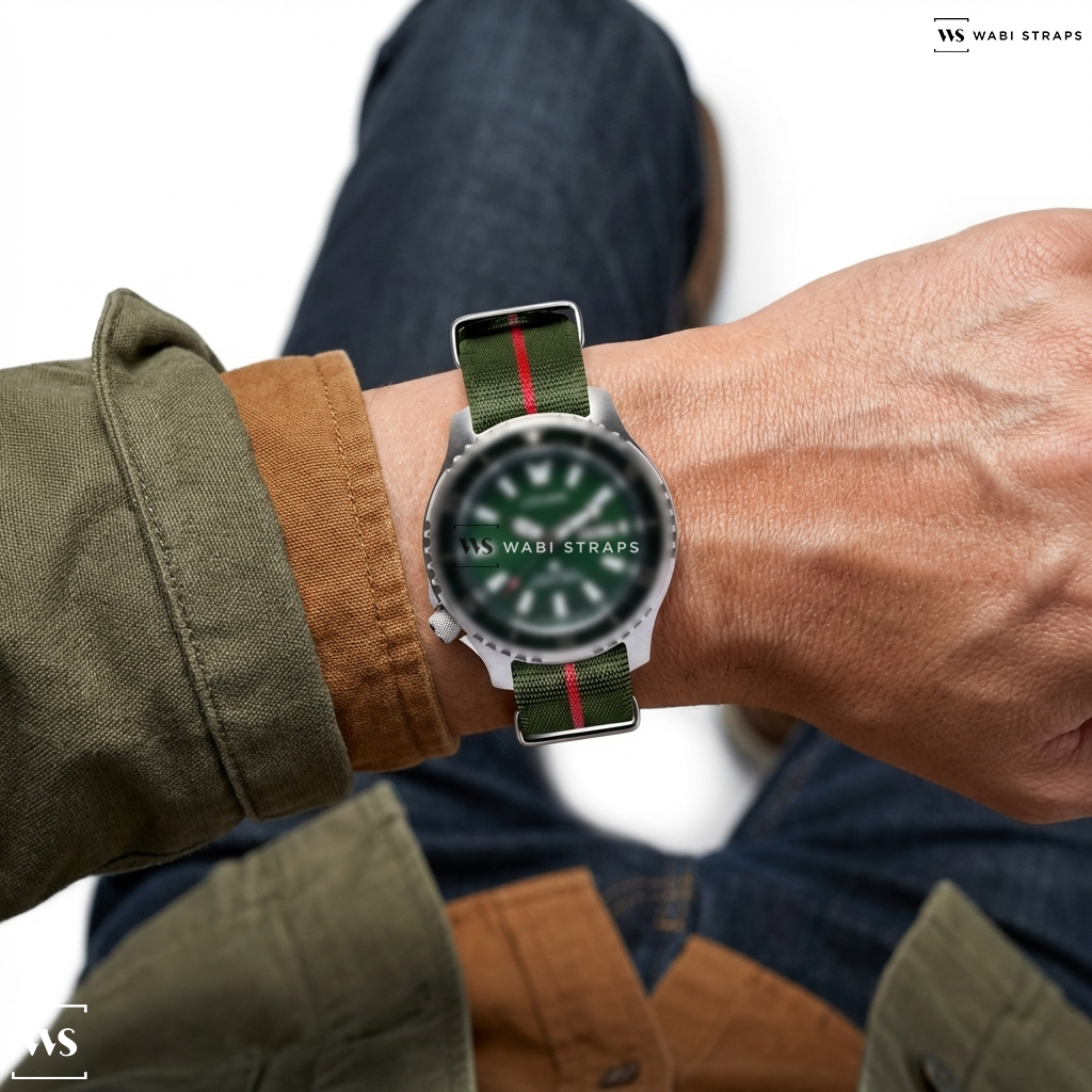 Green/Red 3-Stripe Nylon Watch Strap on Citizen Promaster Dive Automatic "Fugu"