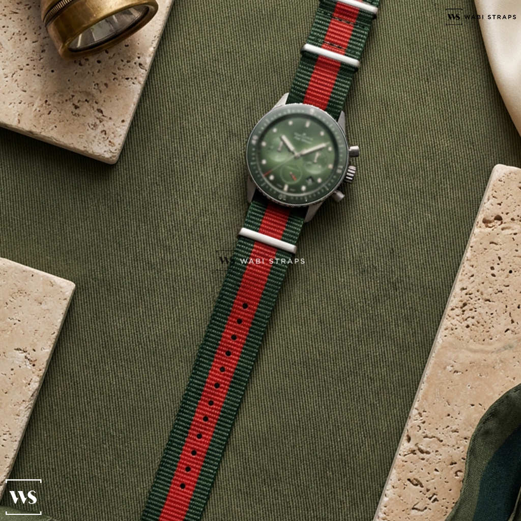 Green/Red 3 Stripes Nylon Watch Strap on Blancpain Fifty Fathoms 5200 Flyback