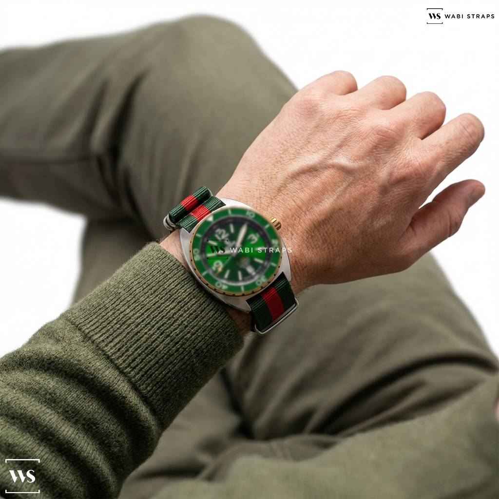 Green/Red 3 Stripes Nylon Watch Strap on Ocean Crawler Core Diver Green