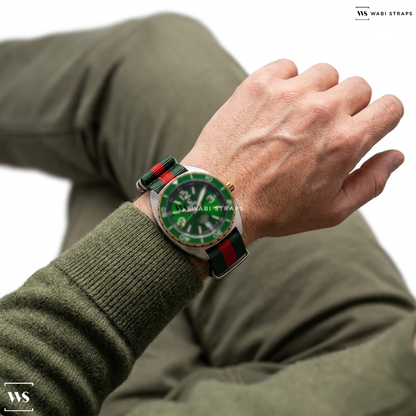 Green/Red 3 Stripes Nylon Watch Strap on Ocean Crawler Core Diver Green
