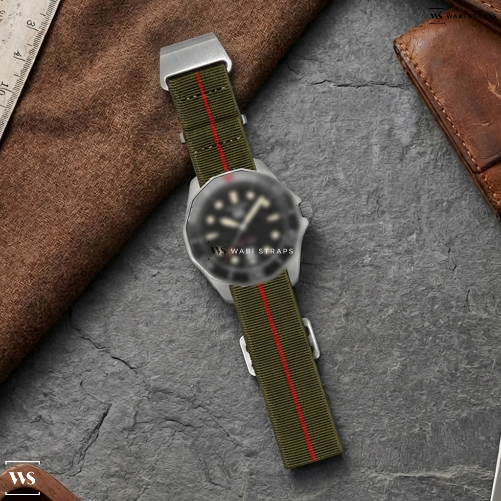 Green/Red 3-Stripe Nylon Watch Strap on Tag Heuer Aquaracer Professional 300 43mm Mens Watch Black The WOS - Limited Edition 1 of 500 WBP208D.BF0631