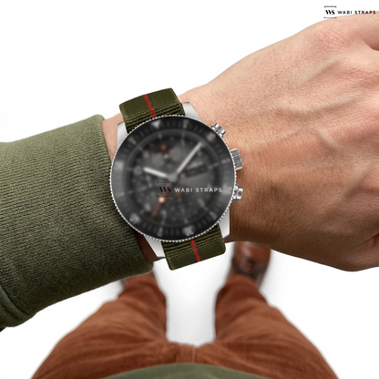 Green/Red 3-Stripe Nylon Watch Strap on Fortis Novonaut