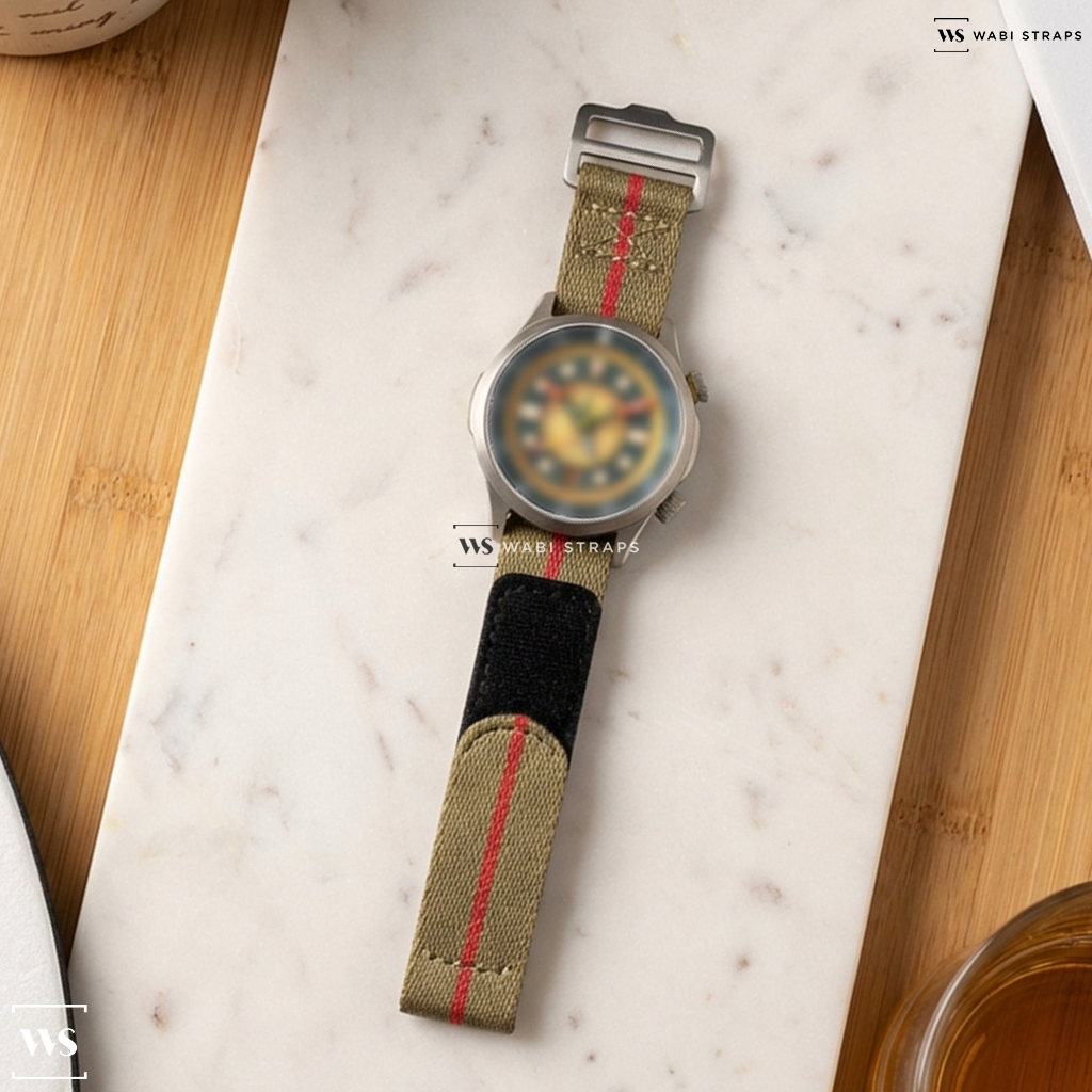 Green/Red 1-Stripe Nylon Watch Strap on BOLDR x Worn & Wound 3xt GMT Limited Edition