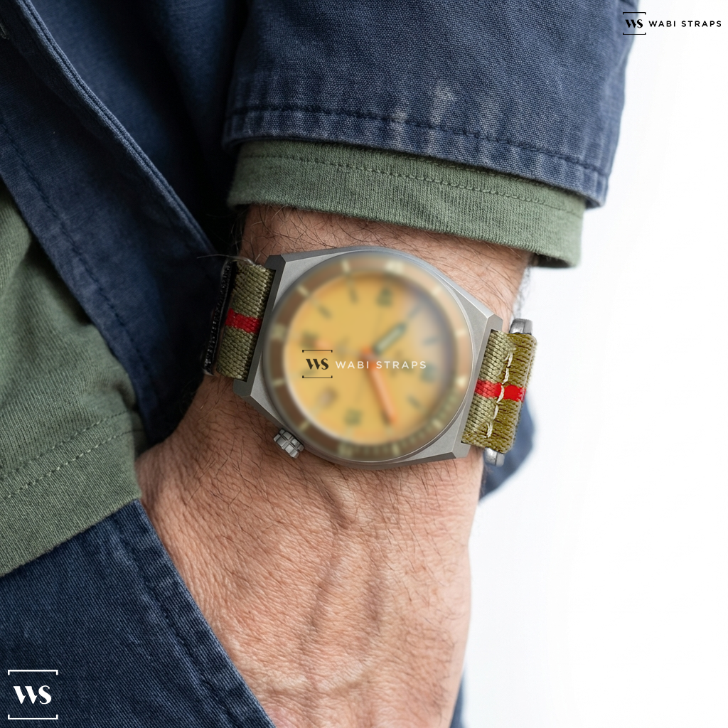 Green/Red 1-Stripe Nylon Watch Strap on BOLDR Supply Co Venture Windup Edition #2