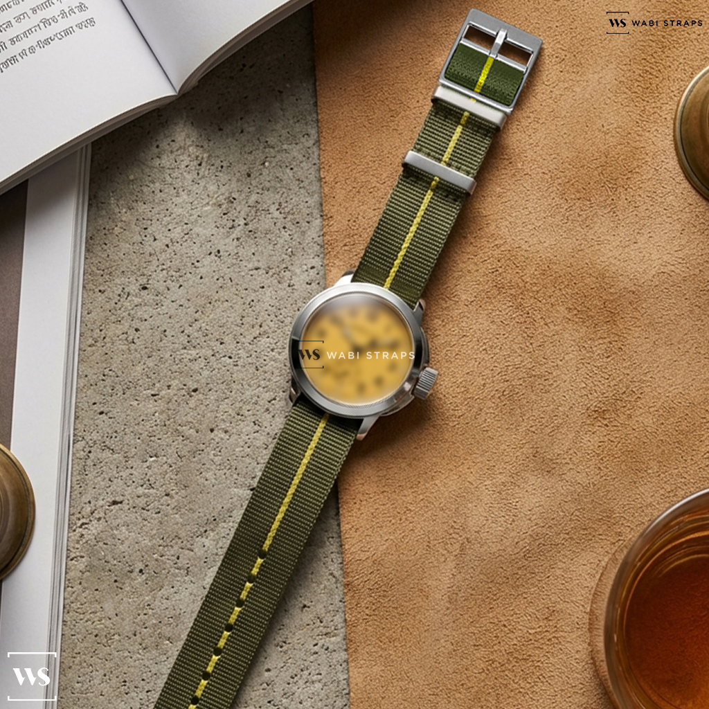 Green/Yellow 3-Stripe Nylon Watch Strap on Waltham Field & Marine THERMO