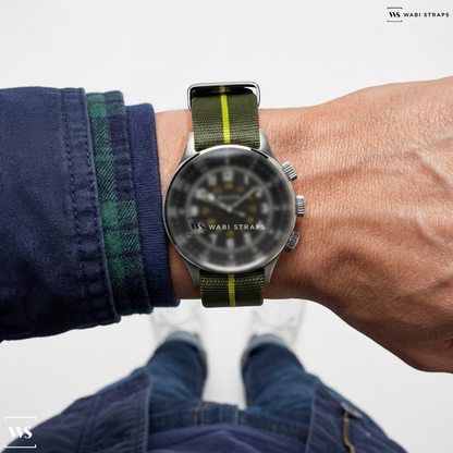 Green/Yellow 3-Stripe Nylon Watch Strap on Bulova A-15 Pilot