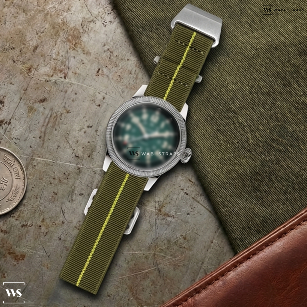 Green/Yellow 3-Stripe Nylon Watch Strap on Waltham A17 PILOT NATO Green