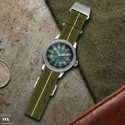 Green/Yellow 3-Stripe Nylon Watch Strap on Waltham A17 PILOT NATO Green