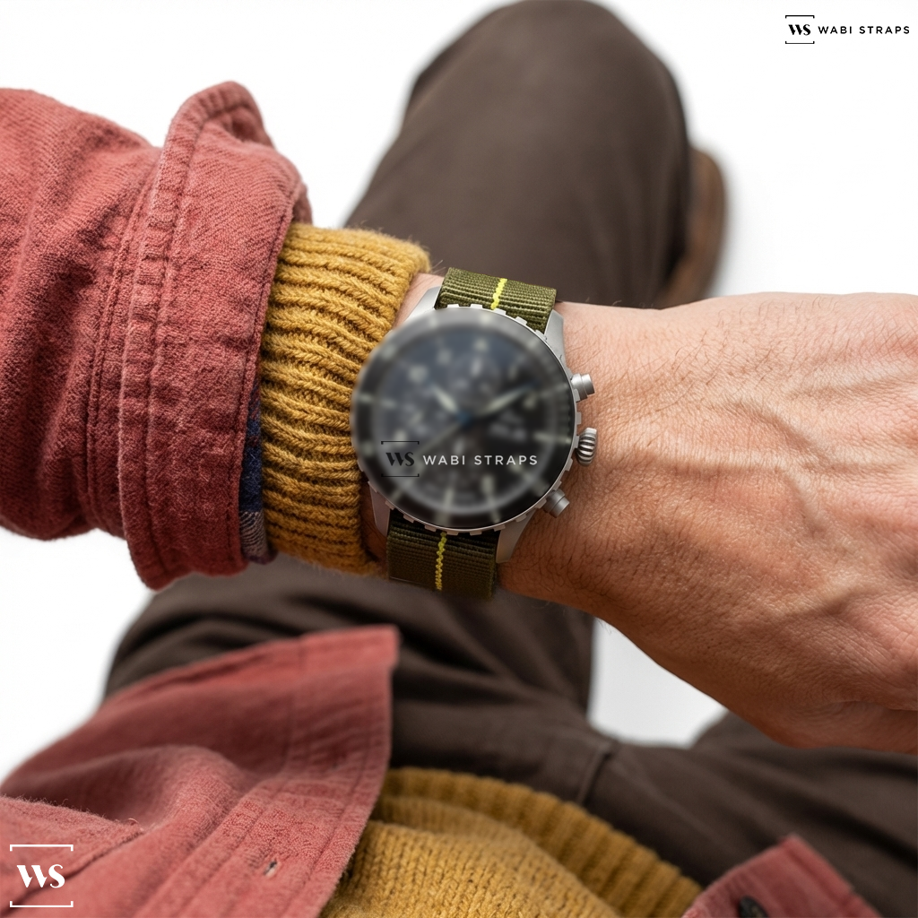 Green/Yellow 3-Stripe Nylon Watch Strap on Laco Kiel Sport Chronograph