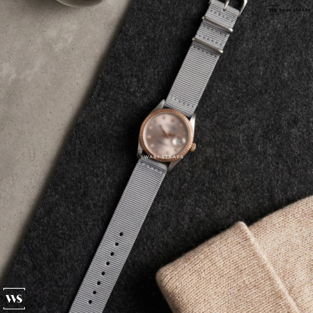 Grey Solid Plain Nylon Watch Strap on Rolex Date Brushed Grey Dial Engine Turned Bezel Two Tone