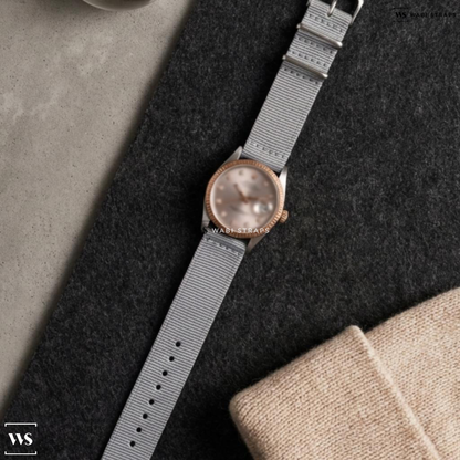 Grey Solid Plain Nylon Watch Strap on Rolex Date Brushed Grey Dial Engine Turned Bezel Two Tone