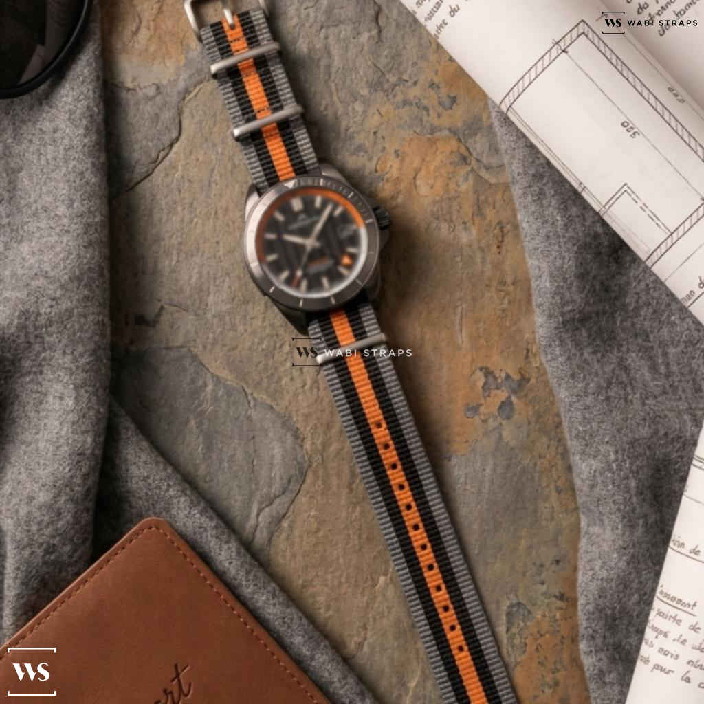Black/Grey/Orange 5 Stripes Nylon Watch Strap on Norqain Adventure Neverest GMT DLC