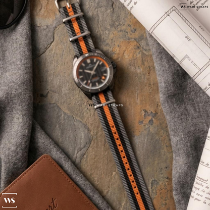 Black/Grey/Orange 5 Stripes Nylon Watch Strap on Norqain Adventure Neverest GMT DLC