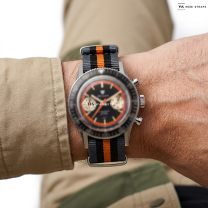 Black/Grey/Orange 5 Stripes Nylon Watch Strap on Nivada Grenchen Chronoking Paul Newman Orange Valjoux 23
