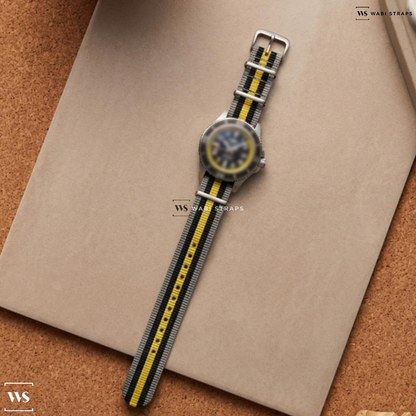 Black/Grey/Yellow 5 Stripes Nylon Watch Strap on Breitling Superocean 42 Abyss Yellow Ring