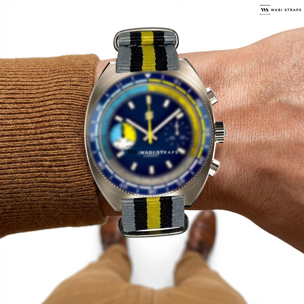 Black/Grey/Yellow 5 Stripes Nylon Watch Strap on Straton Yacht Racer Quartz