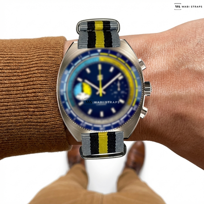 Black/Grey/Yellow 5 Stripes Nylon Watch Strap on Straton Yacht Racer Quartz