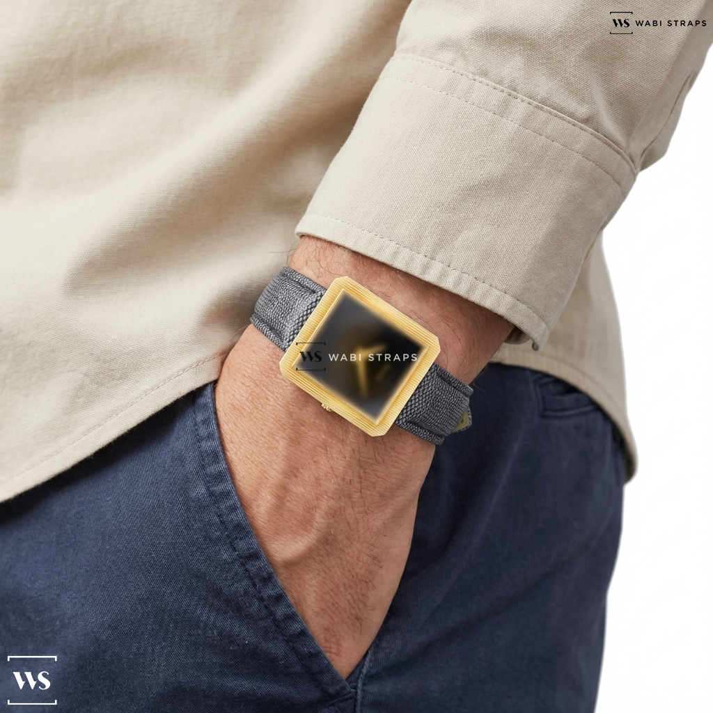 Grey Denim Leather Watch Strap on Piaget Protocole Yellow Gold
