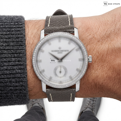 Grey Pebbled Leather Watch Strap on Vacheron Constantin Patrimony Traditionnelle Manual Wind WG Diamond Dial and Bezel