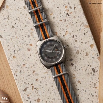 Black/Grey/Orange 2 Thick 3 Thin Stripes Nylon Watch Strap on Hermes H08 Titanium
