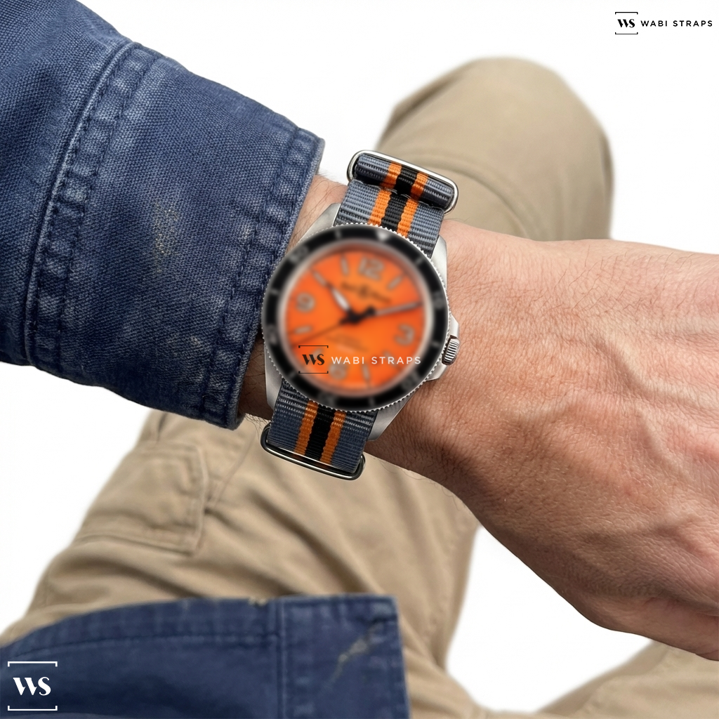 Black/Grey/Orange 2 Thick 3 Thin Stripes Nylon Watch Strap on Bell & Ross BR V2-92 Orange