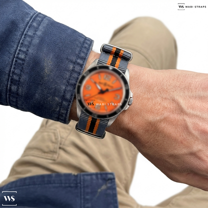 Black/Grey/Orange 2 Thick 3 Thin Stripes Nylon Watch Strap on Bell & Ross BR V2-92 Orange