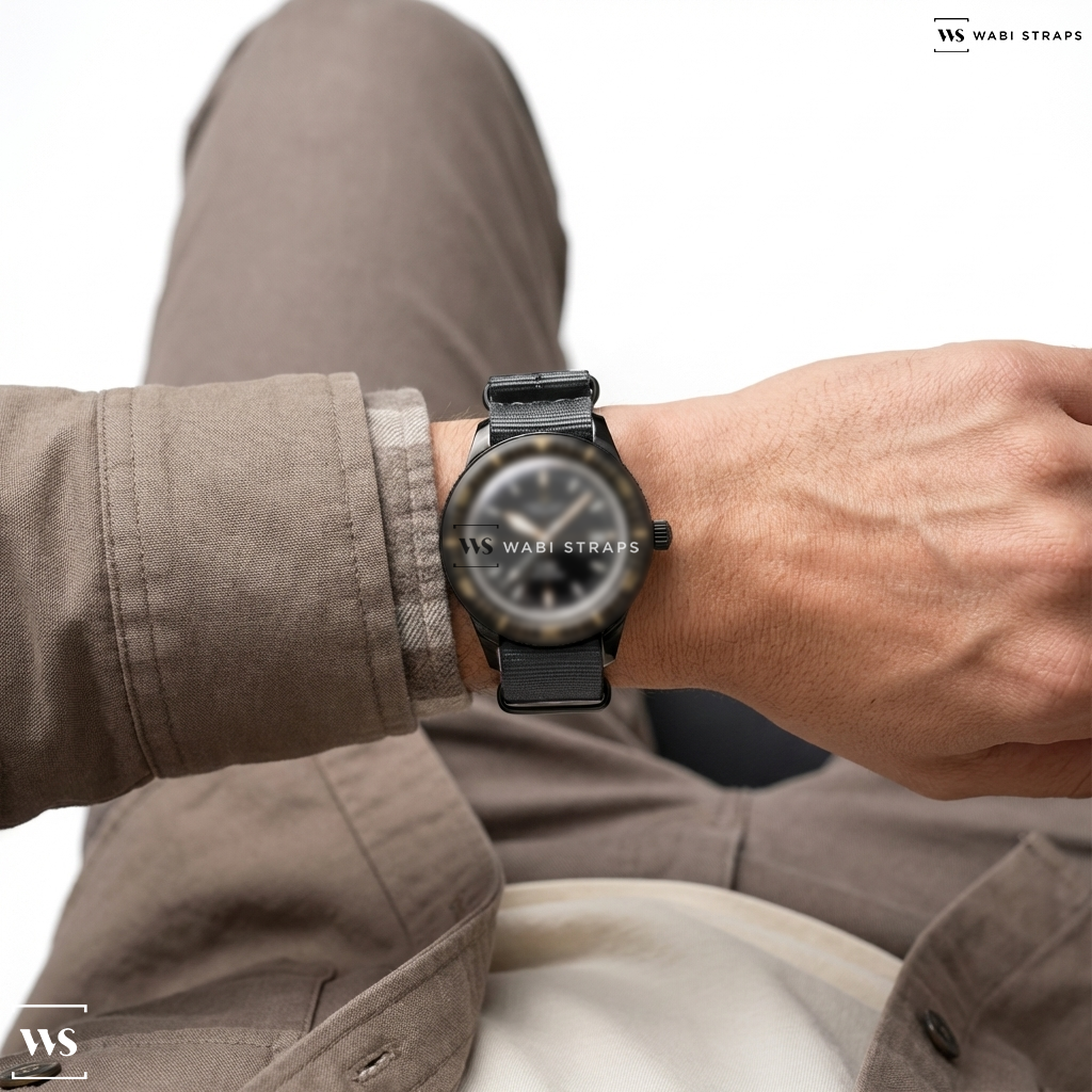 Grey Solid Plain Nylon Watch Strap on Certina DS Automatic Dive Watch